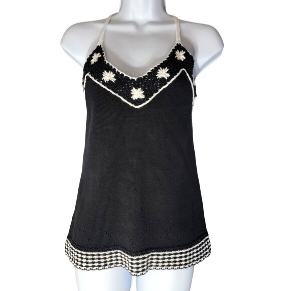Crochet Halter Top Boho Hippie Ann Taylor Loft Black White Size M 90s Retro Y2K - Picture 1 of 11